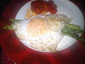 Griddled asparagus with free range and cherry tomatoes