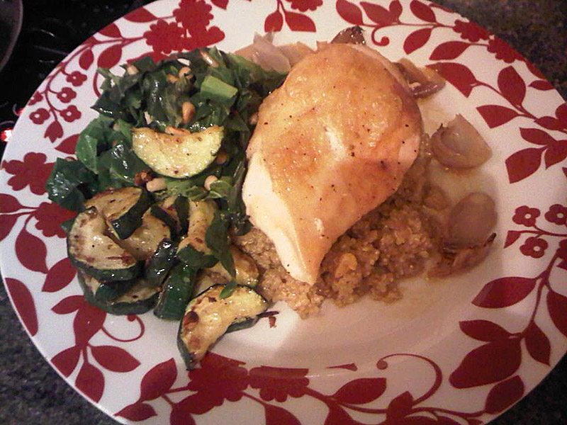 Roast chicken breast with veg and quinoa