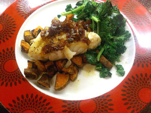 Cumin cod loin with sweet potato chunks and shallot and lime sauce