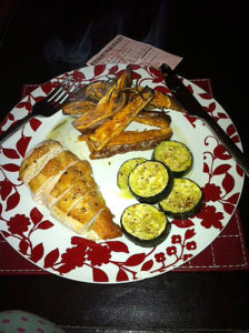 Roast chicken with courgette and sweet potato chips