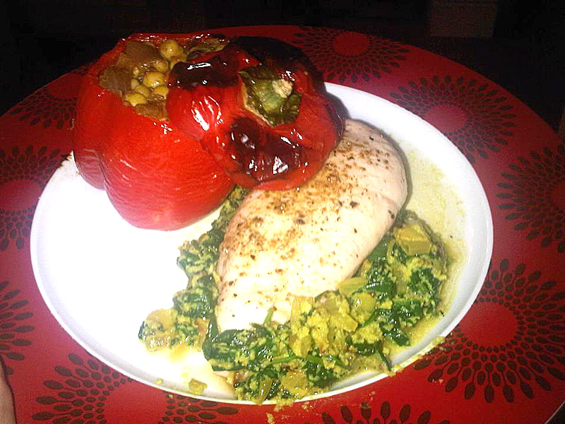 Chicken and spinach with chickpea stuffed peppers