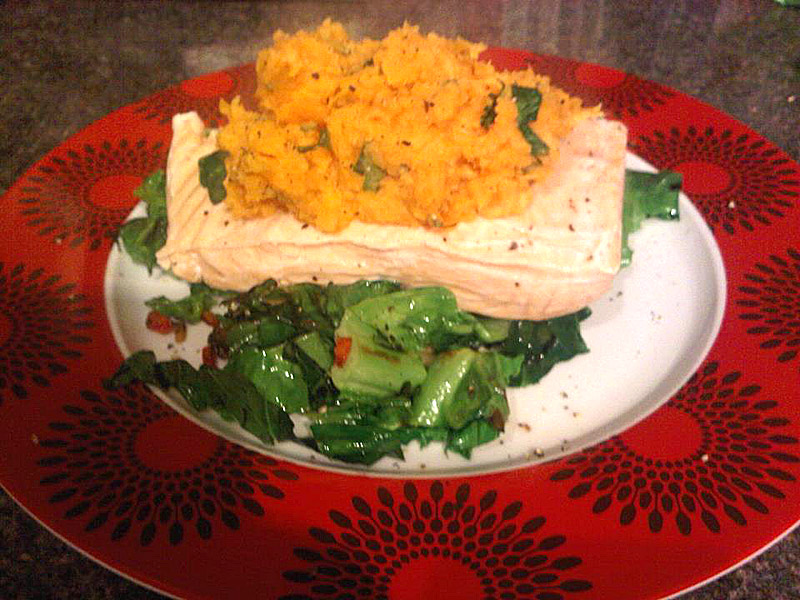 Poached salmon with spring greens and sweet potato mash
