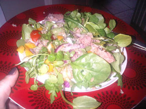 Tuna with quinoa, yellow peppers, red onion, watercress and rocket